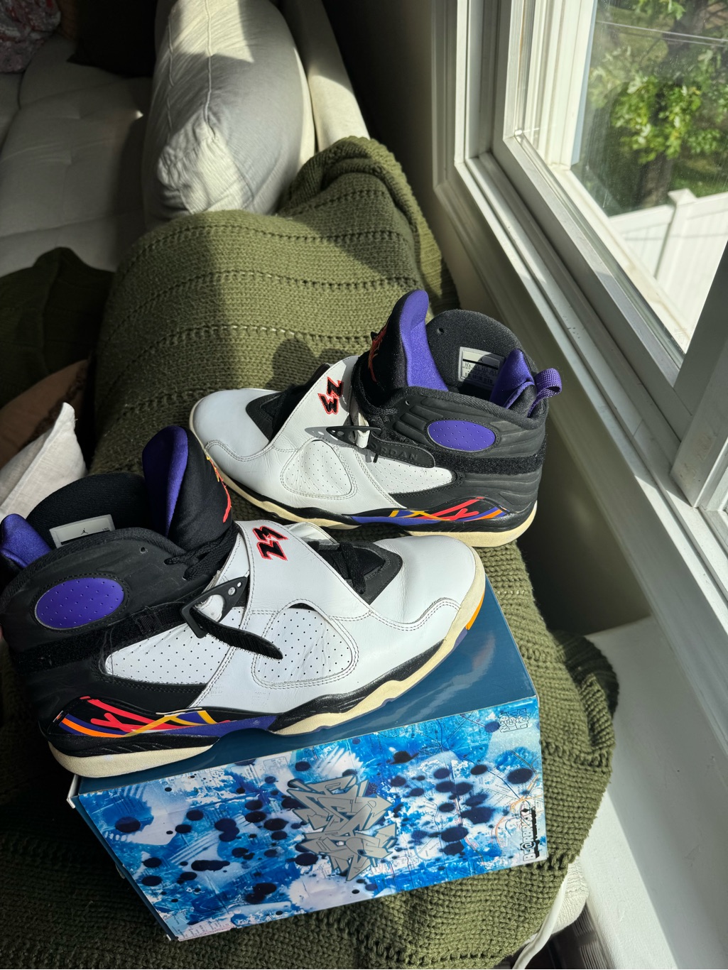 Jordan 8 Men’s White And Purple High-Top Basketball Shoes With Multicolor